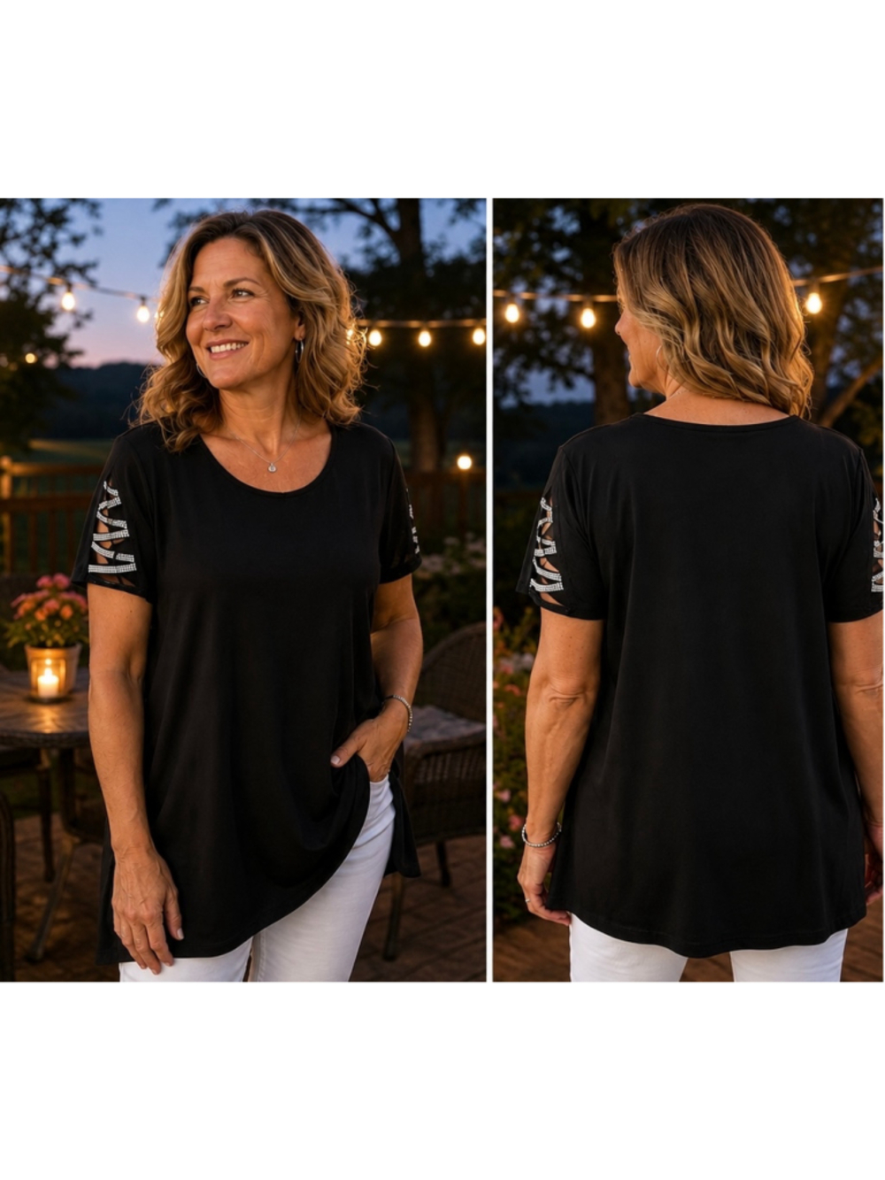 Women's Love Scarlett Black Short Sleeve peekaboo Rhinestone Detail, Size 1X